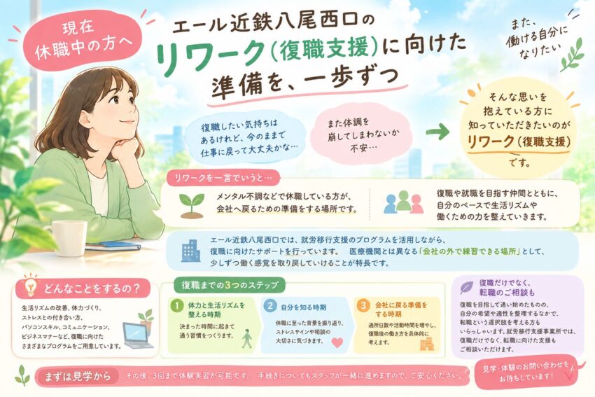 「現在休職中の方へ」エール近鉄八尾西口の~リワーク(復職支援)に向けた準備を、一歩ずつ~
